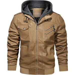 Men’s Stand Collar PU Faux Khaki Leather Zipper Motorcycle Bomber Jacket